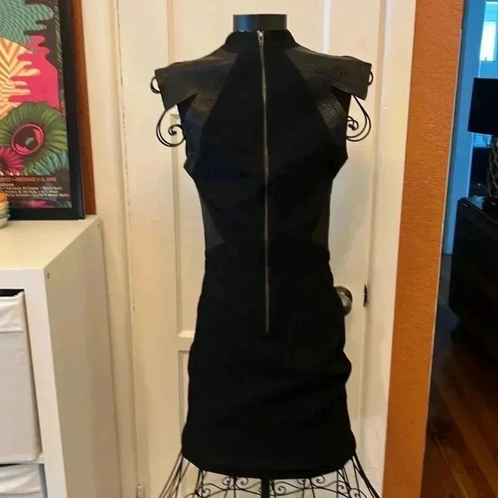 Helmut Lang Black Wool and Blistered Leather Panel Dress-Sz 2 - Picture 2 of 6